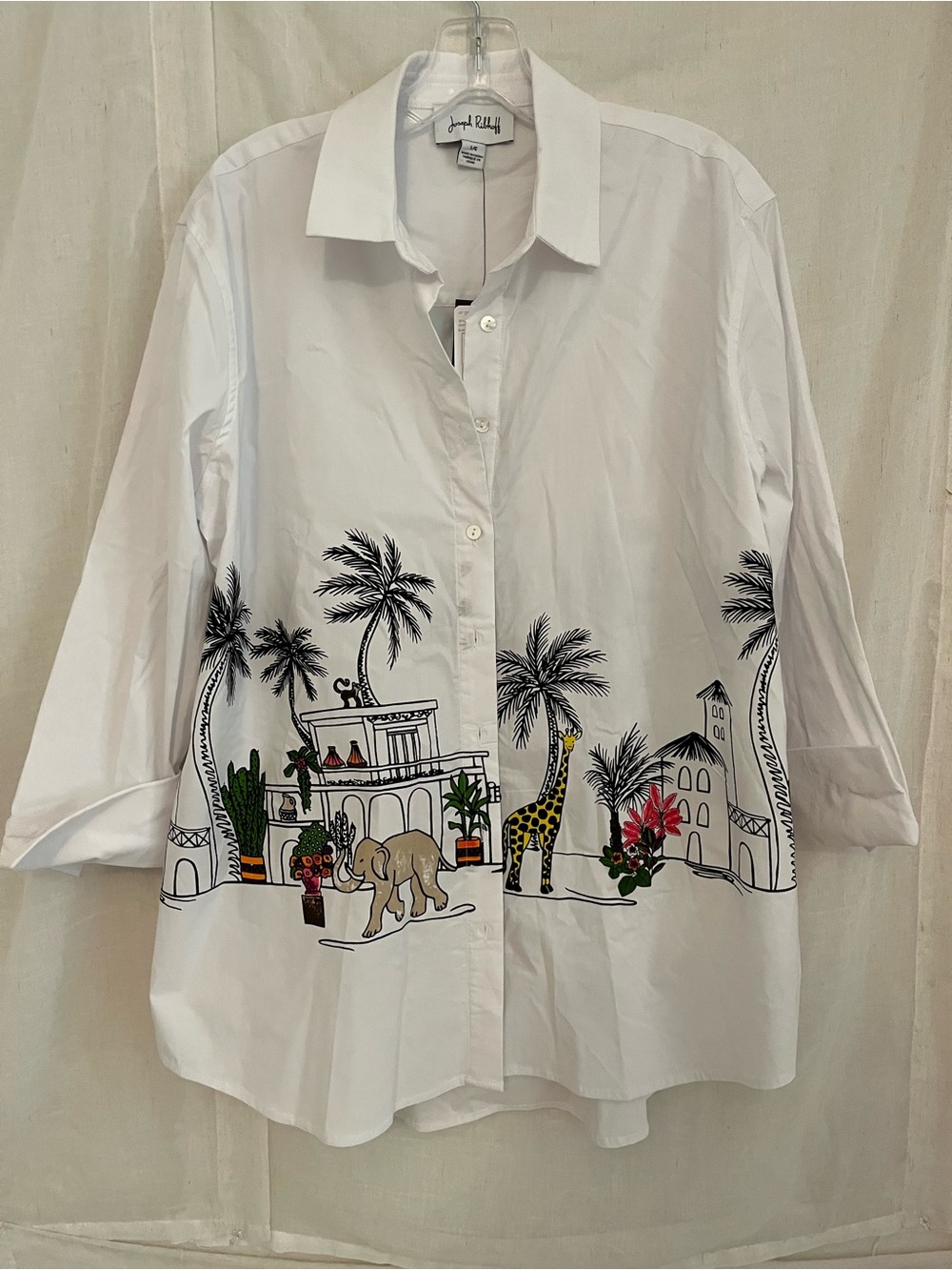 Joseph Ribkoff White Cotton Button-Down with Tropical Animal Motif